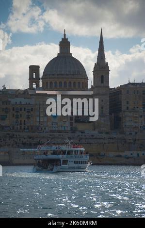 La Valletta, Capital of Culture 2018, skyline with the Carmelite Church dome and St. Pauls Anglican Cathedral, Malta Island, Mediterranean Sea, Europe Stock Photo