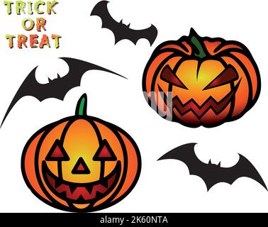 Vector Halloween set, pumpkin laughing scary face and flying black bats Stock Vector