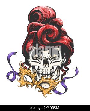 Tattoo of Female Skull with Golden Carnival Mask isolated on white. Vector illustration. Stock Vector