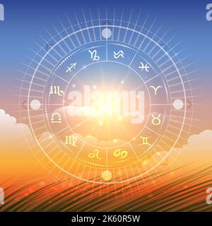 Horoscope Circle of Zodiac Signs on Wild Nature Landscape Background. Vector illustration. Stock Vector