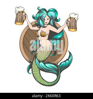 Tattoo of Mermaid With Mugs of Beer isolated on white. Vector Illustration Stock Vector
