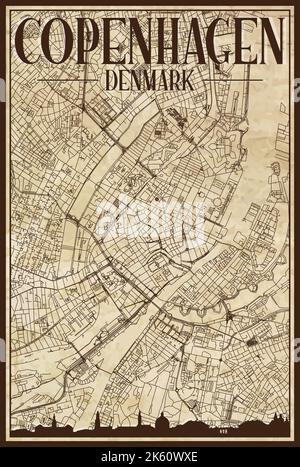 Hand-drawn downtown streets network printout map of COPENHAGEN, DENMARK Stock Vector