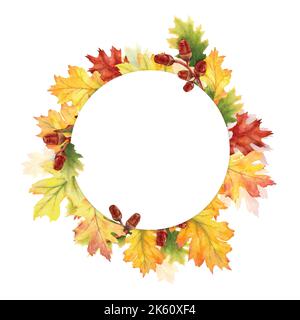 Watercolor autumn leaves and branches with a round frame isolated on white background. Autumn illustration for invitations, or greeting cards with spa Stock Vector
