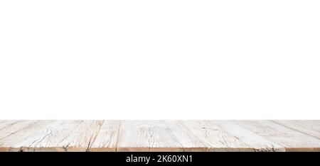 Empty real top of planked wooden table in perspective isolated on white background. For product display Stock Photo