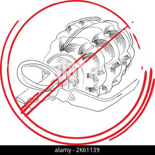 crossed out black and white hand grenade in a red circle. Sketch. Say no to the war poster. Message to stop the war. Make peace and spread love. Stock Vector
