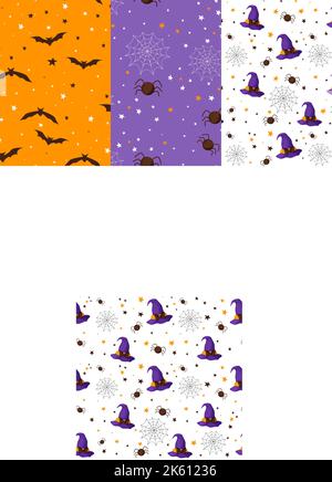 Halloween witch hats fancy seamless pattern cute decorated with spiders and stars in cartoon style on white background. Cute wizard caps, spider web for holiday celebration. Vector illustration Stock Vector