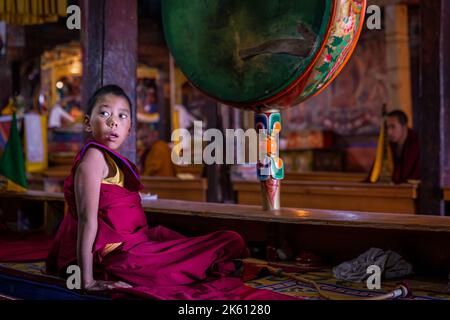 A young monk with a drum at Spituk Monastery (Gompa) during morning puja, Ladakh, India Stock Photo