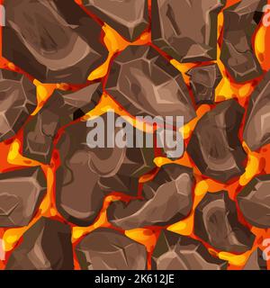 Lava, magma with stones in cartoon style seamless pattern background. Eruption effect, landscape. Texture, design. Vector illustration Stock Vector