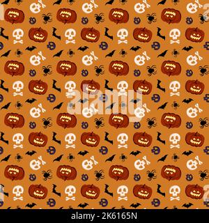 Bright seamless pattern with pumpkins, skulls, bats and spiders. Festive autumn decoration for Halloween. Holiday October background for paper print, textile and design. Vector flat illustration Stock Vector
