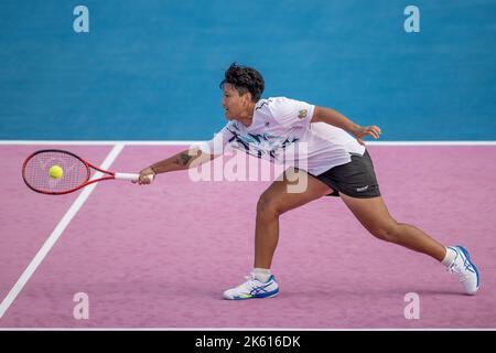HUA HIN, THAILAND - OCTOBER 11:  Luksika Kumkhum from Thailand in the first round match against Zhibek Kulambayeva from Kazakhstan at the CAL-COMP & CCAU INDUSTRY 4.0 ITF TENNIS TOUR 2022 at True Arena Hua Hin on October 11, 2022 in HUA HIN, THAILAND (Photo by Peter van der Klooster/Alamy Live News) Stock Photo