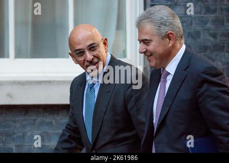 Downing Street, London, UK. 11th October 2022. Ministers attend the first Cabinet Meeting at 10 Downing Street since the Conservative Party Conference last week. Nadhim Zahawi MP, Chancellor of the Duchy of Lancaster, Minister for Intergovernmental Relations and Minister for Equalities and Brandon Lewis CBE MP, Lord Chancellor and Secretary of State for Justice. Photo:Amanda Rose/Alamy Live News Stock Photo