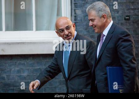 Downing Street, London, UK. 11th October 2022. Ministers attend the first Cabinet Meeting at 10 Downing Street since the Conservative Party Conference last week. Nadhim Zahawi MP, Chancellor of the Duchy of Lancaster, Minister for Intergovernmental Relations and Minister for Equalities and Brandon Lewis CBE MP, Lord Chancellor and Secretary of State for Justice. Photo:Amanda Rose/Alamy Live News Stock Photo