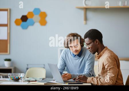 Side view portrait of two software developers using laptop together while working on project in IT company office, copy space Stock Photo