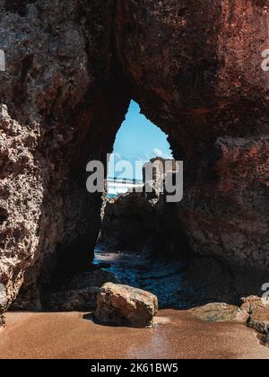 Puerto rico Aguadilla survival beach caves with big rocks formation from the caribbean coast puerto rico northwest side. Island coast nature structure Stock Photo