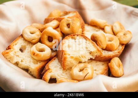Appetizer typical for Southern Italy - bread and taralli (selective focus) Stock Photo