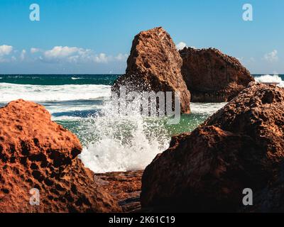 Puerto rico Aguadilla survival beach caves with big rocks formation from the caribbean coast puerto rico northwest side. Island coast nature structure Stock Photo