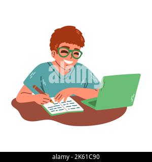 Young man in glasses writing in notebook, studying with laptop. Flat illustration of e learning and tutorial concept. Stock Vector