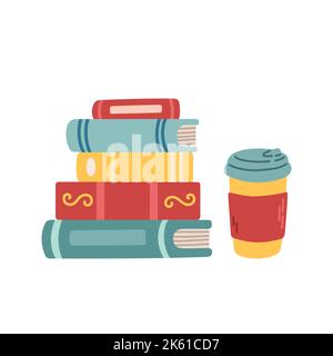 Books, cup coffee or tea on white background vector. Design for greeting card, sale or promotional poster Stock Vector