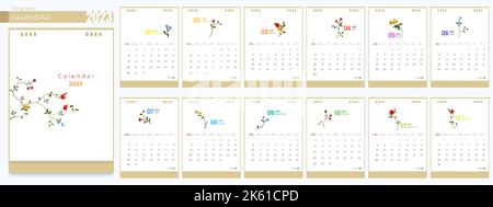 Calendar 2023 templates. 12 months, Simple monthly vertical calendar corporate design Layout in English. Week starts from Sunday. 3D vector isolated i Stock Vector