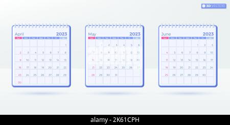 3 months Calendar 2023 templates. Simple monthly vertical calendar corporate design Layout in English. Week starts from Sunday. 3D vector isolated ill Stock Vector