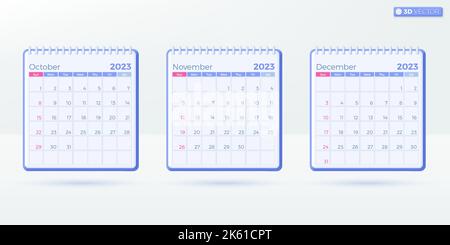 3 months Calendar 2023 templates. Simple monthly vertical calendar corporate design Layout in English. Week starts from Sunday. 3D vector isolated ill Stock Vector