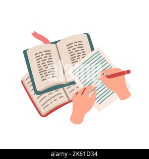 Top view of hands are writing in a notebook at the table with opened books. Studying, doing homework. Flat design vector Stock Vector