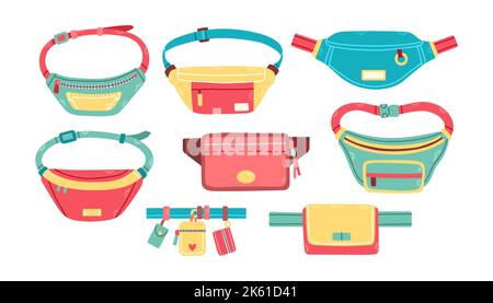 Trendy waist bags set of different shape and color unisex items with zippers isolated vector illustration Stock Vector