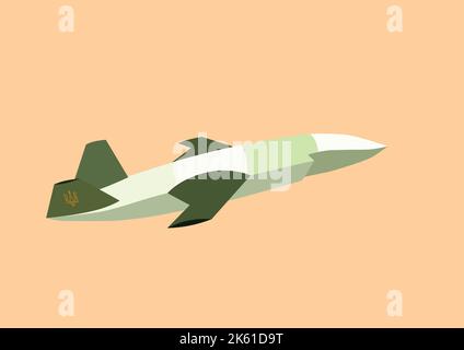 illustration of unmanned aerial vehicle with ukrainian trident symbol and military pattern on peach color background,stock illustration Stock Vector