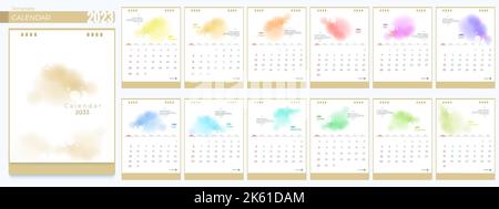 Calendar 2023 templates. 12 months, Simple monthly vertical calendar corporate design Layout in English. Week starts from Sunday. 3D vector isolated i Stock Vector