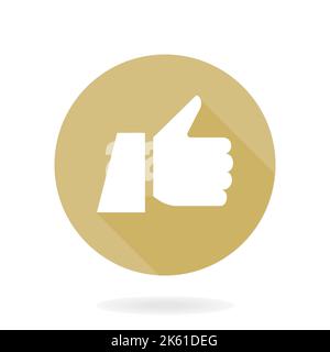 White vector icon with thumb up in the golden circle. Flat design with long shadow Stock Vector