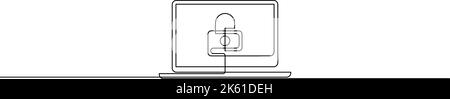 Continuous one line drawing of laptop with padlock on screen. Personal information security concept Stock Vector