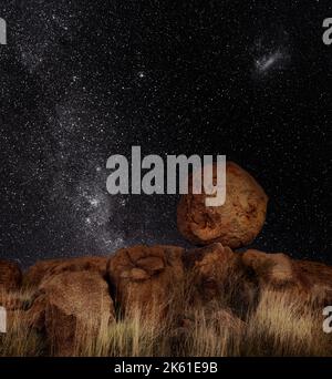 Well balanced Devils Marbles under the Milky Way. Stock Photo