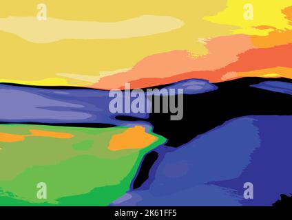 Abstract Landscape Art Illustration with Beach, Hills, Sky and Ocean Vector Stock Vector