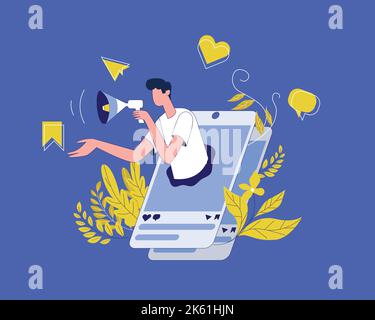 A person advertising on a speaker from a cellphone, the concept of digital marketing Stock Vector