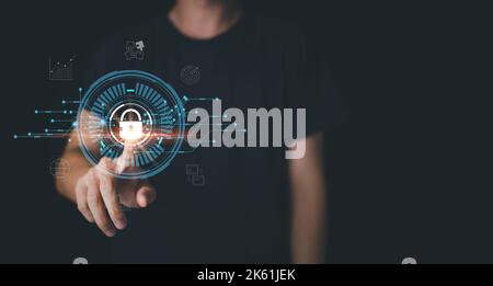 Man touching security scanning of digital programs. Surveillance of Personal database with Futuristic digital processing of biometric identification f Stock Photo