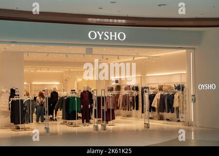 Sofia, Bulgaria - 30 May, 2022: Bright white shop sign of international clothing company OYSHO in a shopping mall Stock Photo