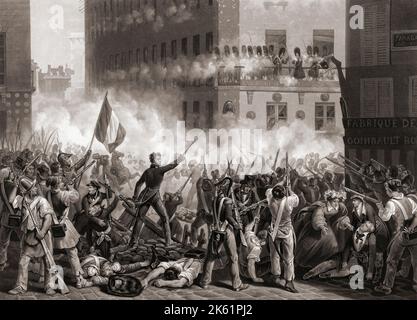 Battle during the July Revolution of 1830 on Rue de Rohan, Paris.  From a print by Jean Pierre Marie Jazet  after the painting by Hippolyte Lecomte. Stock Photo