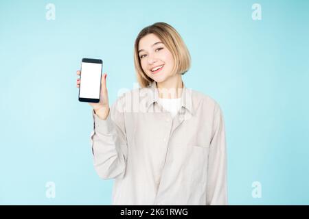 important information presenting woman mobile Stock Photo