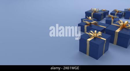 Elegant gift boxes with gold ribbon on panoramic blue background. New Year concept. 3D illustration. Stock Photo