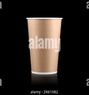 coffee to go cup mockup. Disposable cup isolated on black background. Colorful paper takeaway cup. Stock Photo