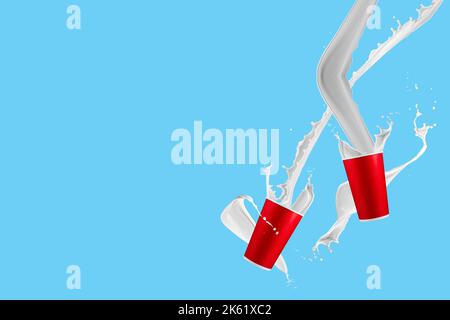 Paper cups with milk splashes on blue background. Disposable cup with white milk splashes. Stock Photo