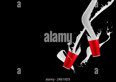 Paper cups with milk splashes on black background. Disposable cup with white milk splashes. Stock Photo