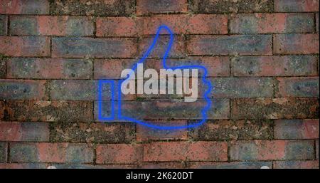 Composite of digital blue like button icon against abandoned brick wall, copy space Stock Photo