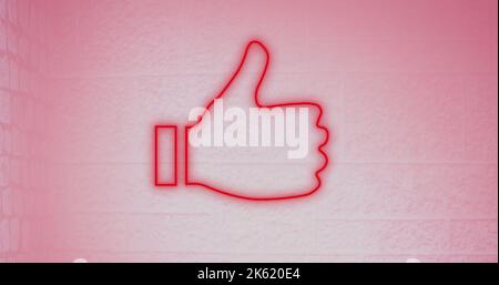 Composite of illuminated digital red like button icon against pink wall, copy space Stock Photo