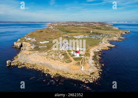 Portland Bill, Dorset, UK.  11th October 2022.  UK Weather.  View from the air of Portland Bill peninsula and the Isle of Portland in Dorset on a warm clear sunny autumn afternoon.  Picture Credit: Graham Hunt/Alamy Live News Stock Photo