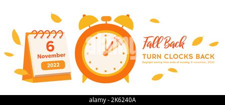 Fall Back Time for USA with calendar date 6 november, 2022. Daylight saving time ends reminder banner. Clock change back one hour. Orange alarm clock Stock Vector