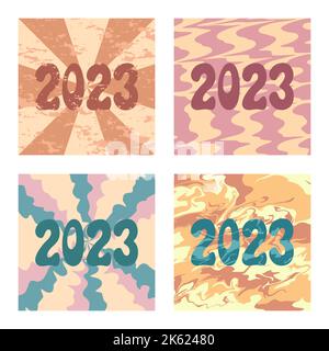 2023 numbers on abstract trippy backgrounds. Vector set of square trendy illustrations. Groovy, retro and psychedelic design. Social media 2023 post t Stock Vector