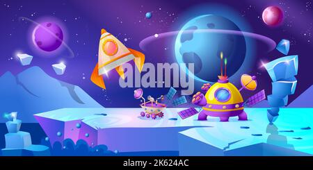 Cartoon landscape of outer space with glowing crystal rocks, rocket and lunar rover for universe and alien planet exploration in the solar system. Cosmos surface with station for scientific research. Stock Vector