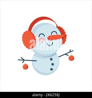 Cute Snowman with a carrot nose and red headphones Stock Vector