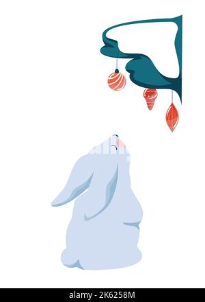 Cute Winter Rabbit Looks at New Year Tree Stock Vector